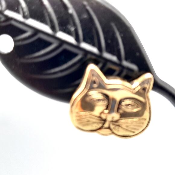 Laurel Burch Cat Face Post Earrings Gold Plated Black Enamel Vintage 1980s - Picture 6 of 10